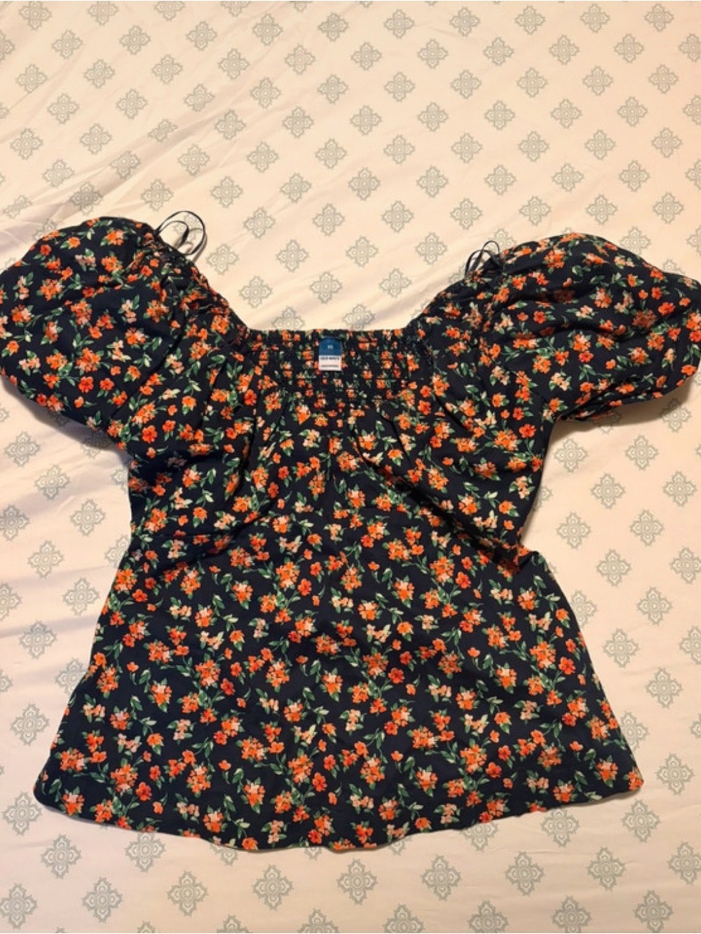 Old Navy Black Floral Puff-Sleeve Blouse with Orange Flowers